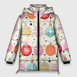 Куртка зимняя женская Разноцветные новогодние шары, цвет: 3D-черный