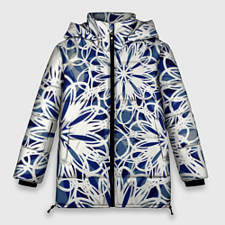Куртка зимняя женская Стилизованные цветы абстракция синее-белый, цвет: 3D-светло-серый