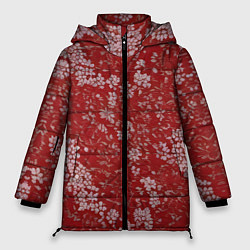 Куртка зимняя женская Белые лепестки на красном фоне, цвет: 3D-светло-серый