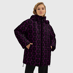 Куртка зимняя женская Чёрно-фиолетовый паттерн стилизованные цветы, цвет: 3D-черный — фото 2