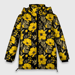 Куртка зимняя женская Желтые цветы на черном фоне паттерн, цвет: 3D-черный