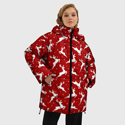 Куртка зимняя женская Красный паттерн с новогодними оленями, цвет: 3D-черный — фото 2