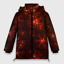 Куртка зимняя женская Абстрактные светящиеся красно оранжевые снежинки, цвет: 3D-светло-серый