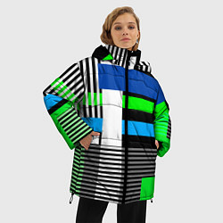 Куртка зимняя женская Геометрический узор сине -зеленый в стиле пэчворк, цвет: 3D-красный — фото 2