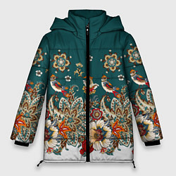 Куртка зимняя женская Индийский орнамент с птицами, цвет: 3D-светло-серый