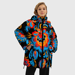 Куртка зимняя женская Хохломская роспись разноцветные цветы на чёроном ф, цвет: 3D-красный — фото 2