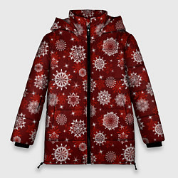 Куртка зимняя женская Snowflakes on a red background, цвет: 3D-красный