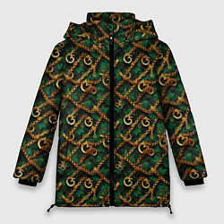 Куртка зимняя женская Золотая цепочка на зеленой ткани, цвет: 3D-черный