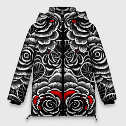 Куртка зимняя женская Серые паттерны цветы, цвет: 3D-черный