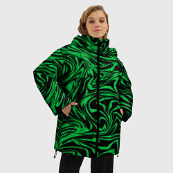 Куртка зимняя женская Узор на черном фоне с ярким зеленым абстрактным ди, цвет: 3D-черный — фото 2