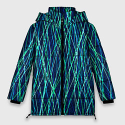Куртка зимняя женская Тёмно-синий абстрактный неоновые линии, цвет: 3D-черный