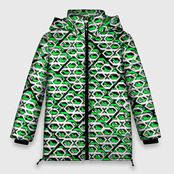 Куртка зимняя женская Зелёно-белый узор на чёрном фоне, цвет: 3D-светло-серый