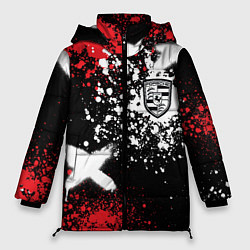 Куртка зимняя женская Логотип Порше на фоне граффити и брызг красок, цвет: 3D-черный