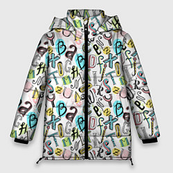 Куртка зимняя женская Цветные каракули буквы алфавита, цвет: 3D-светло-серый