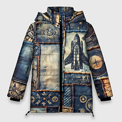 Куртка зимняя женская Космический корабль - пэчворк, цвет: 3D-черный