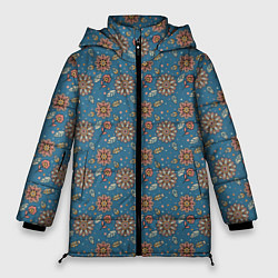 Куртка зимняя женская Цветочный узор в стиле бохо на синем, цвет: 3D-красный