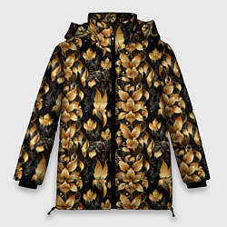 Куртка зимняя женская Золотые листья на черном фоне, цвет: 3D-светло-серый