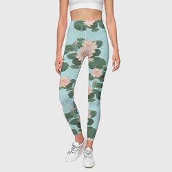 Леггинсы женские Водяные лилии на бирюзовом фоне, цвет: 3D-принт — фото 2