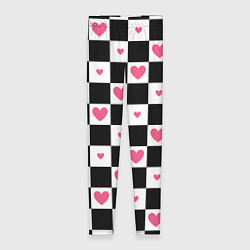 Женские легинсы Розовые сердечки на фоне шахматной черно-белой дос
