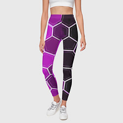 Леггинсы женские Белые шестиугольники на чёрно-фиолетовом фоне, цвет: 3D-принт — фото 2