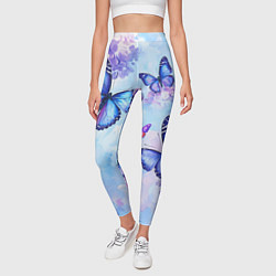 Леггинсы женские Бабочки и сирень - нежная голубая живопись, цвет: 3D-принт — фото 2