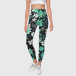 Леггинсы женские Чёрный в зелёный цветочек стилизованный, цвет: 3D-принт — фото 2