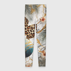Леггинсы женские Мрамор с цветами и леопардовый узор, цвет: 3D-принт