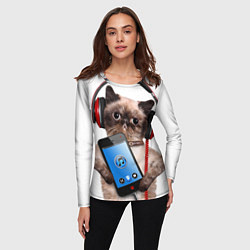 Лонгслив женский Кот в наушниках, цвет: 3D-принт — фото 2