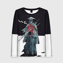 Лонгслив женский Скелет Самурай с трубкой на черно белом фоне, цвет: 3D-принт