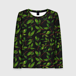 Лонгслив женский Яркие зеленые листья на черном фоне, цвет: 3D-принт