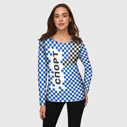 Лонгслив женский Спорт - бело-сине-чёрный клетчатый вариант, цвет: 3D-принт — фото 2