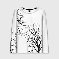 Лонгслив женский Черные ветки деревьев на белом фоне, цвет: 3D-принт