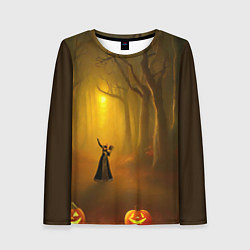 Лонгслив женский Ведьма в черном платье в заколдованном лесу с тыкв, цвет: 3D-принт