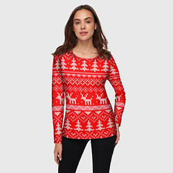Лонгслив женский Рождественский красный свитер с оленями, цвет: 3D-принт — фото 2