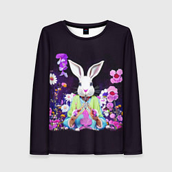 Лонгслив женский Кролик в цветах на черном фоне, цвет: 3D-принт