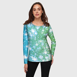 Лонгслив женский Сияющие серебряные блестки на зелено-голубом фоне, цвет: 3D-принт — фото 2