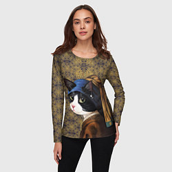Лонгслив женский Кошечка с жемчужной сережкой Ян Вермеер пародия, цвет: 3D-принт — фото 2