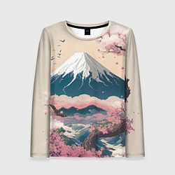 Лонгслив женский Японский пейзаж: цветение сакуры у горы Фудзияма, цвет: 3D-принт