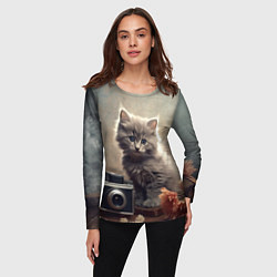 Лонгслив женский Серый котенок, винтажное фото, цвет: 3D-принт — фото 2