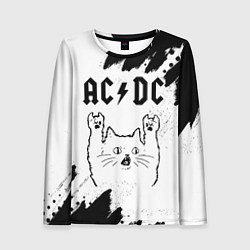 Лонгслив женский AC DC рок кот на светлом фоне, цвет: 3D-принт