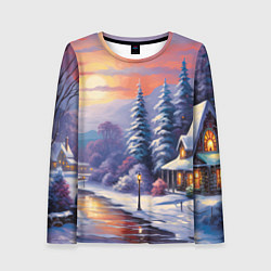 Женский лонгслив Заснеженный новогодний лес чудес