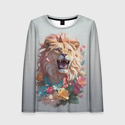 Женский лонгслив Голова льва в цветах на холсте