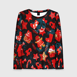 Женский лонгслив Рождественские узоры красные