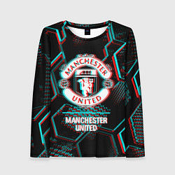 Лонгслив женский Manchester United FC в стиле glitch на темном фоне, цвет: 3D-принт