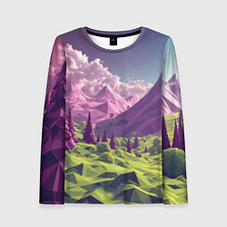Лонгслив женский Геометрический зеленый пейзаж и фиолетовые горы, цвет: 3D-принт