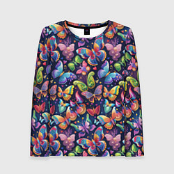 Женский лонгслив Бабочки в паттерне разноцветный яркий фон