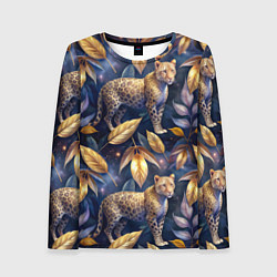 Женский лонгслив Леопард с золотыми листьями паттерны