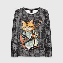 Лонгслив женский Котенок самурай на скейтборде, цвет: 3D-принт