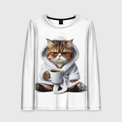 Лонгслив женский Котик в халате и кофе, цвет: 3D-принт