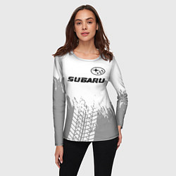 Лонгслив женский Subaru speed на светлом фоне со следами шин посере, цвет: 3D-принт — фото 2